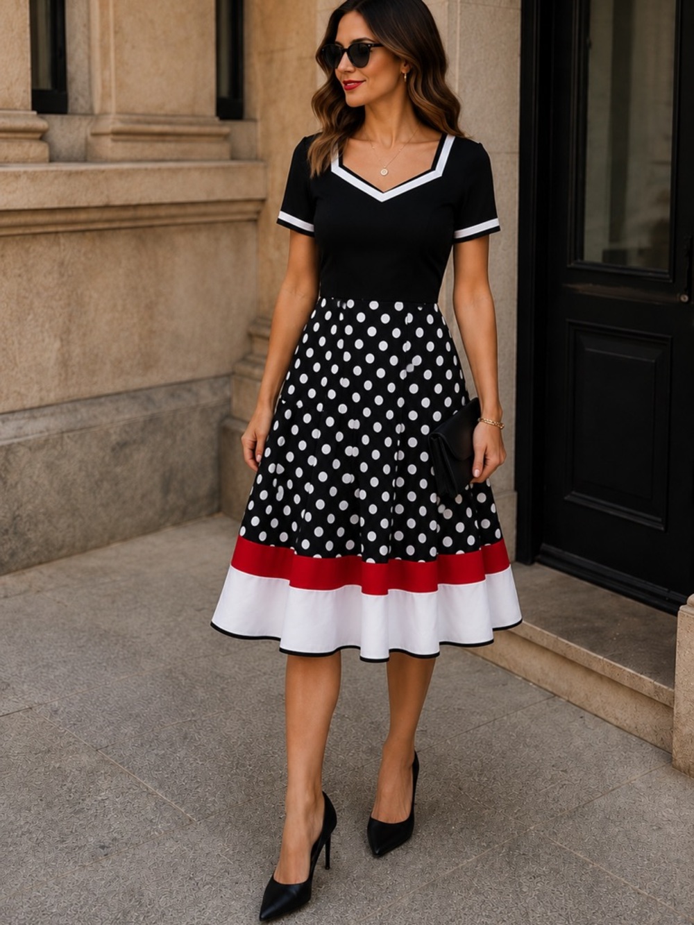Vintage Inspired Black White Polka Dot Fit & Flare Midi Dress Red Retro Small